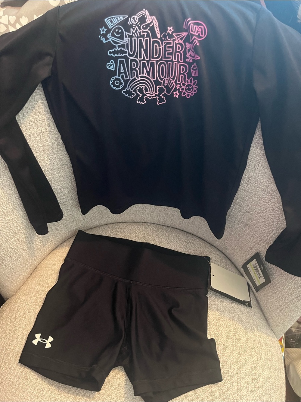 Under Armour Black Girls' Athletic Top & Shorts with Pink and Blue Logo